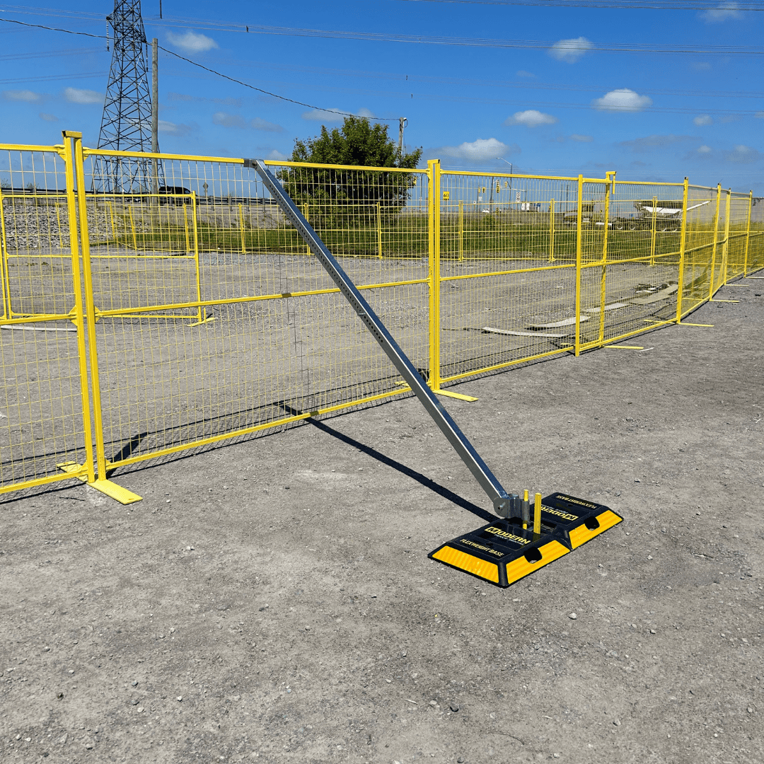 wind brace supporting a temporary fence panel