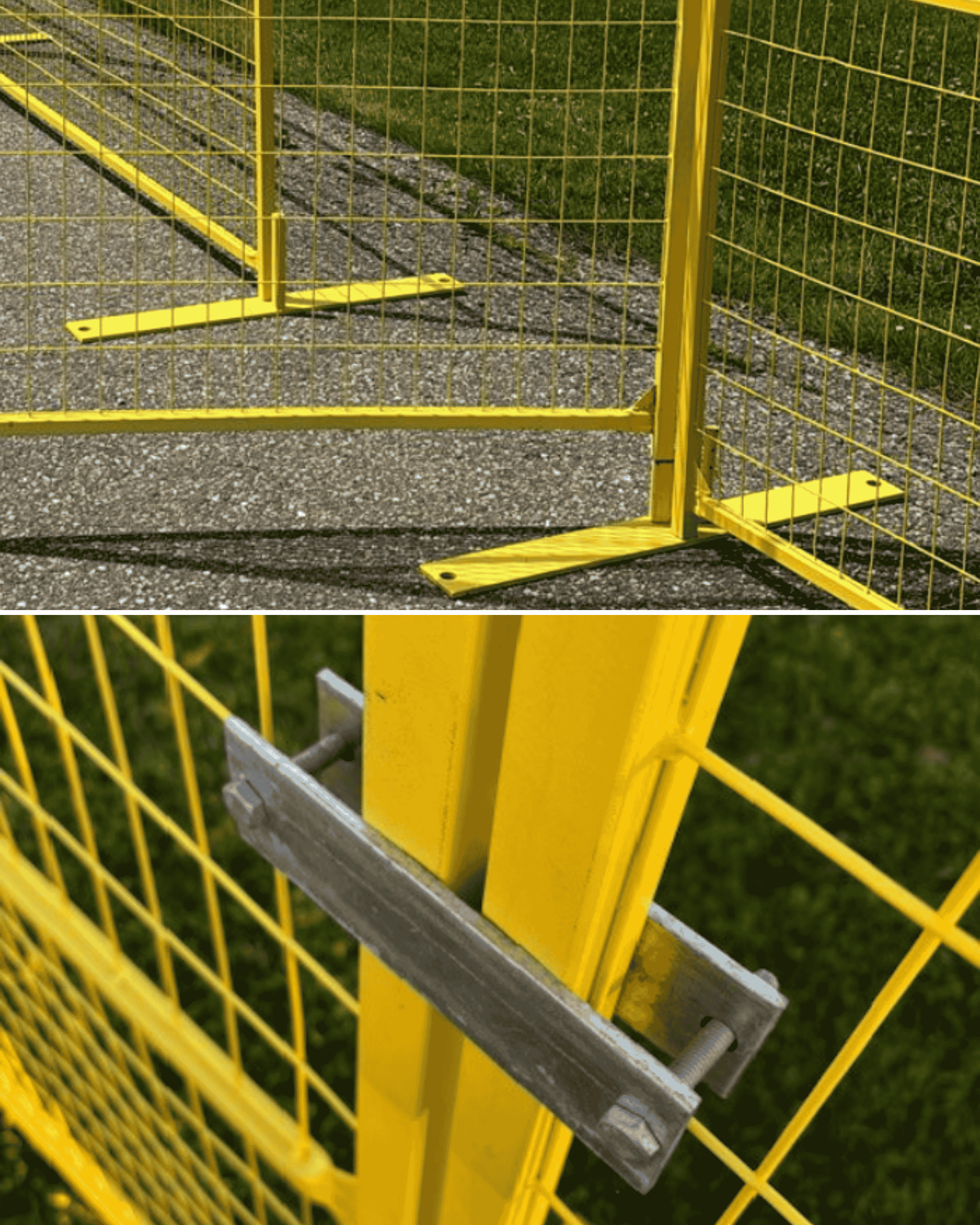 Modern Fence Rental - Whats Included (1) 3 images - a temporary fence base, a clamp and a connector